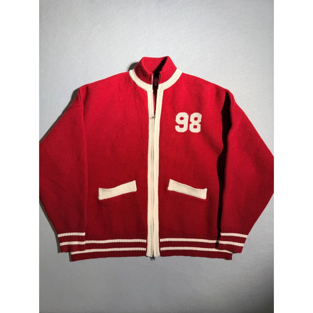 Edikted Varsity Zip Up Knit Cardigan Sweater Womens Large Red White 98 Graphic